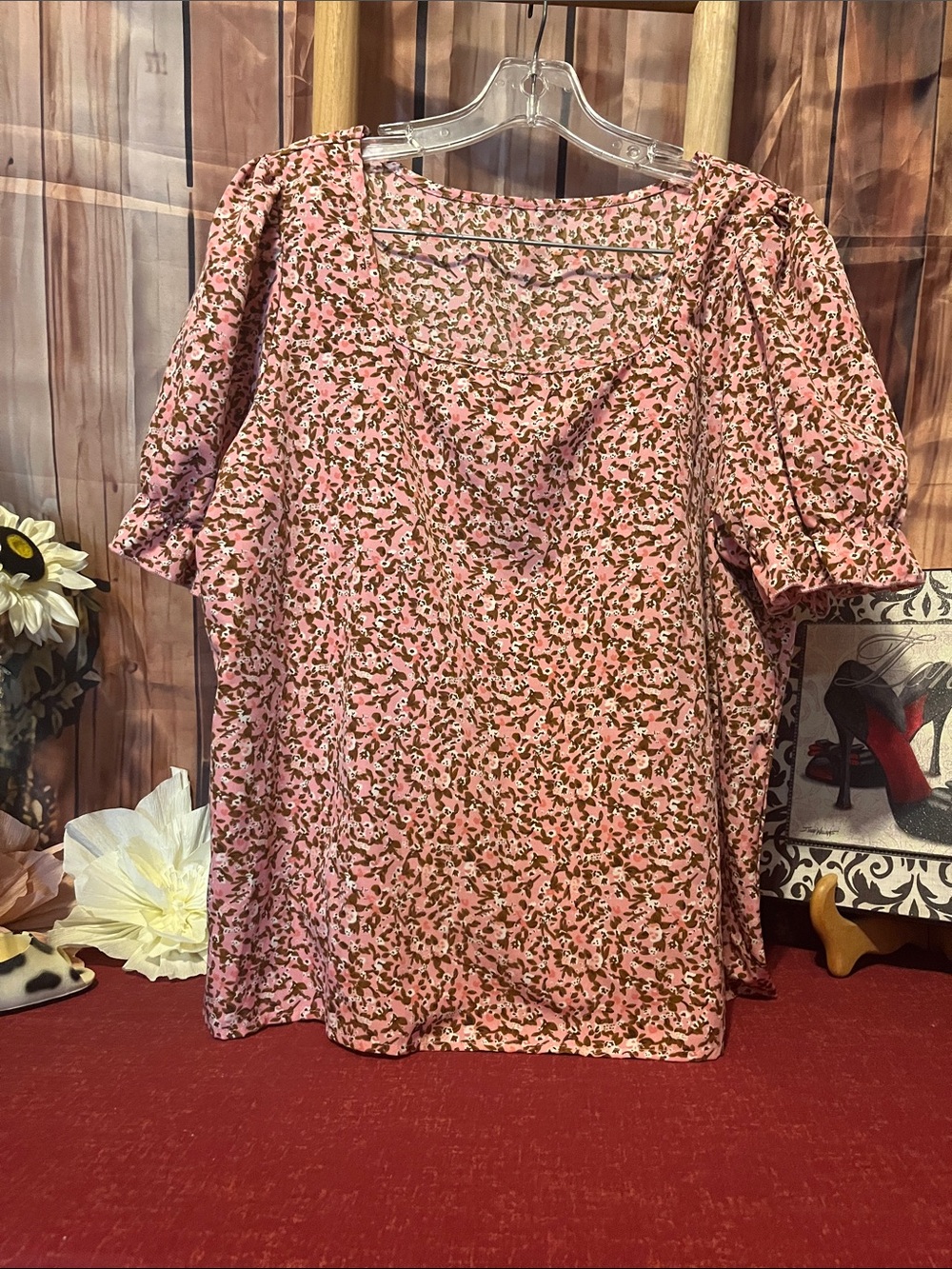 SHEIN Pink Floral Square Neck Puff Sleeve Top
